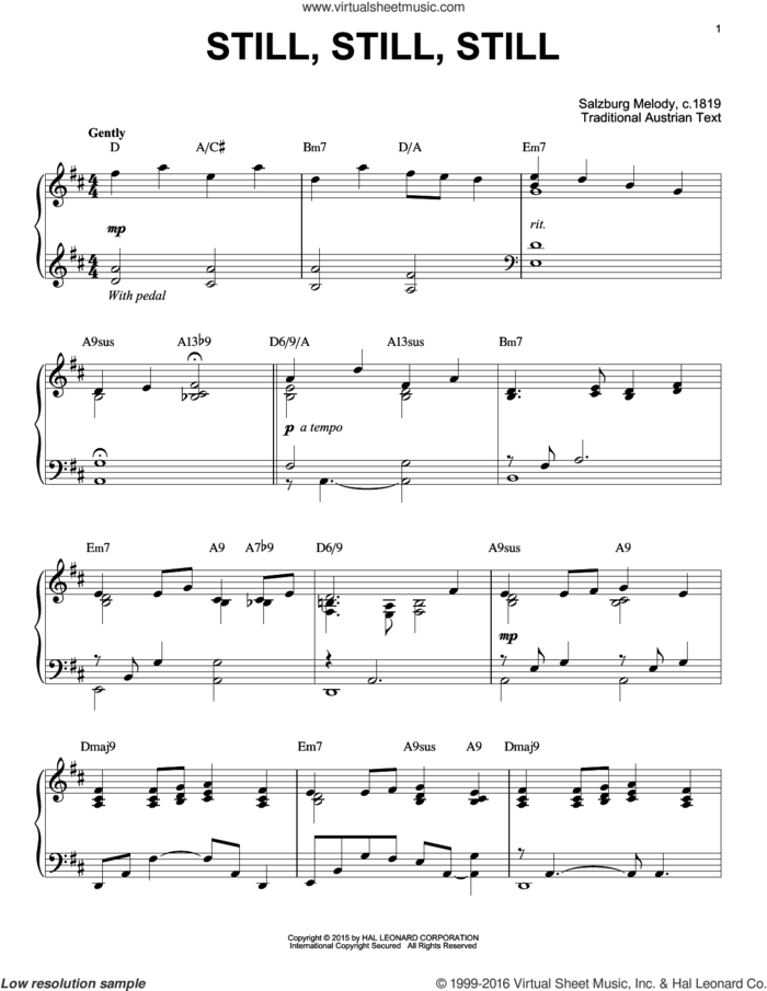 Still, Still, Still [Jazz version] (arr. Brent Edstrom) sheet music for piano solo by Salzburg Melody c.1819 and Miscellaneous, intermediate skill level