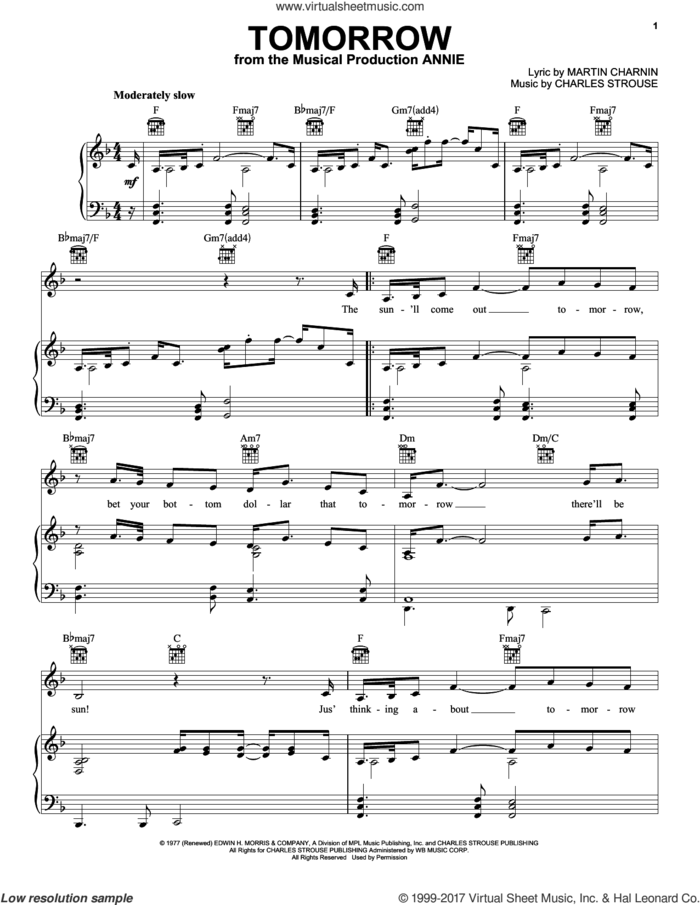 Tomorrow sheet music for voice, piano or guitar by Charles Strouse and Martin Charnin, intermediate skill level