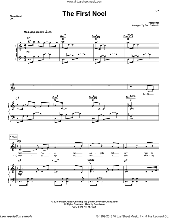The First Noel sheet music for voice and piano by Dan Galbraith, intermediate skill level