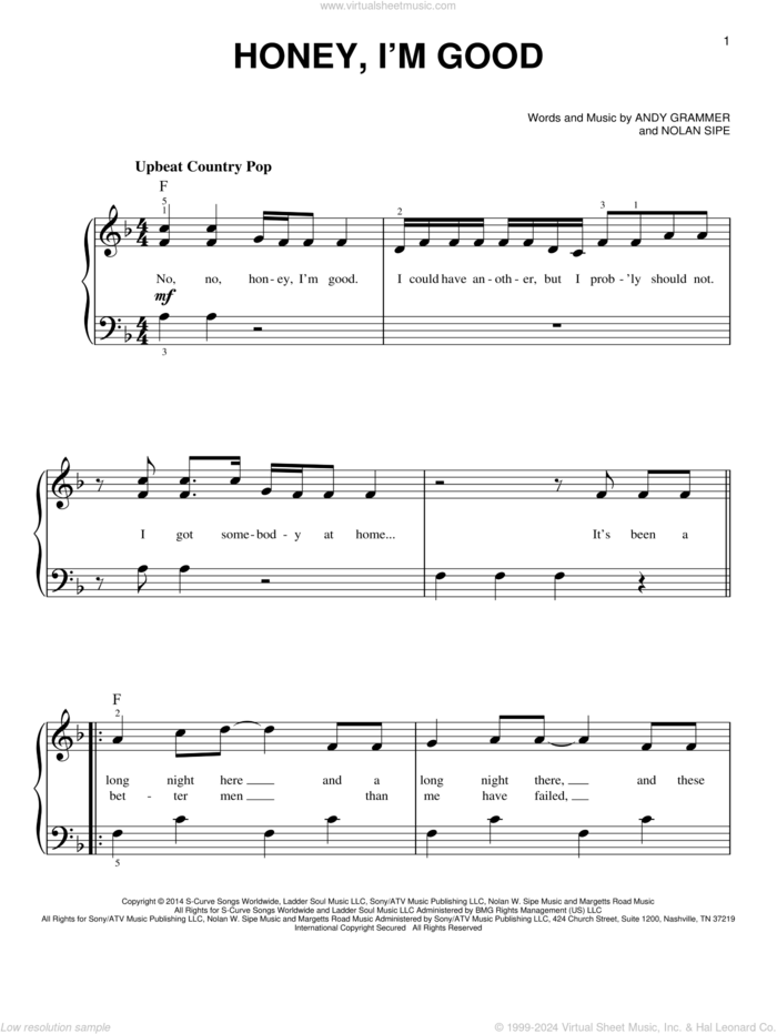 Honey, I'm Good sheet music for piano solo by Andy Grammer and Nolan Sipe, beginner skill level