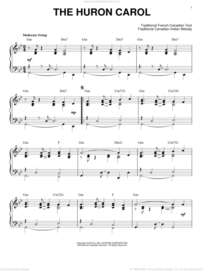 The Huron Carol [Jazz version] (arr. Brent Edstrom) sheet music for piano solo by Trad. Canadian-Indian Melody and Trad. French-Canadian Text, intermediate skill level