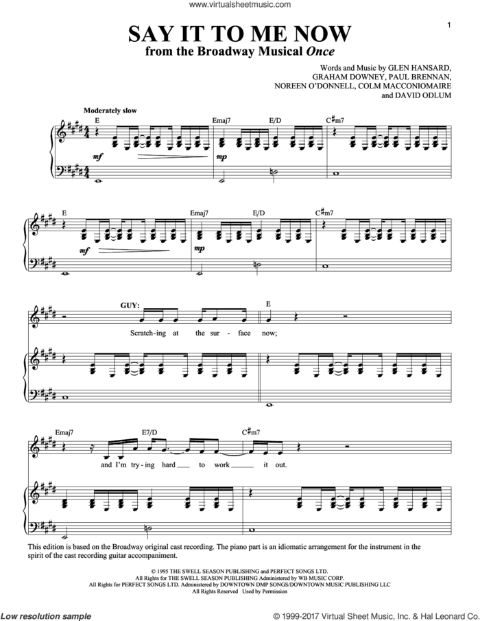 Say It To Me Now sheet music for voice and piano (Tenor) by Glen Hansard, Richard Walters, Colm Macconiomaire, David Odlum, Graham Downey and Paul Brennan, intermediate skill level
