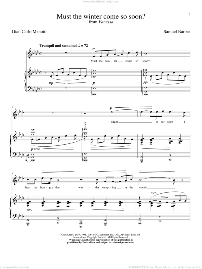 Must The Winter Come So Soon? sheet music for voice and piano by Samuel Barber and Robert L. Larsen, classical score, intermediate skill level