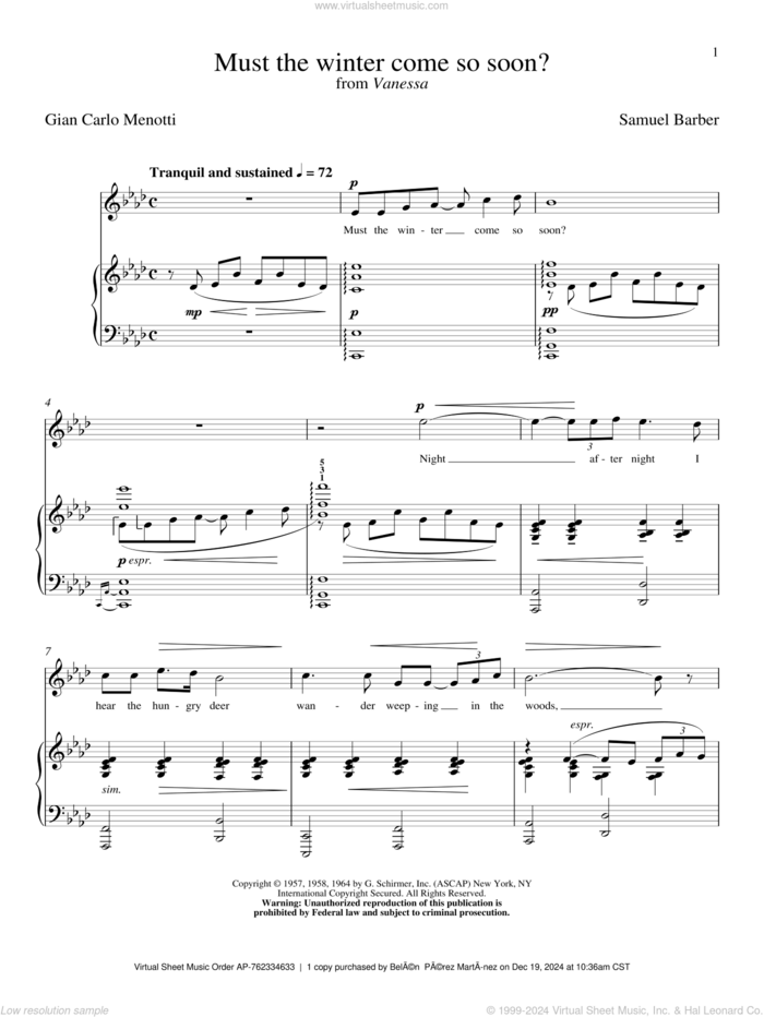 Must The Winter Come So Soon? sheet music for voice and piano by Samuel Barber and Robert L. Larsen, classical score, intermediate skill level