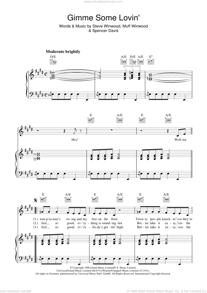 Gimme Some Lovin' sheet music for voice, piano or guitar by The Spencer Davis Group, Muff Winwood, Spencer Davis and Steve Winwood, intermediate skill level