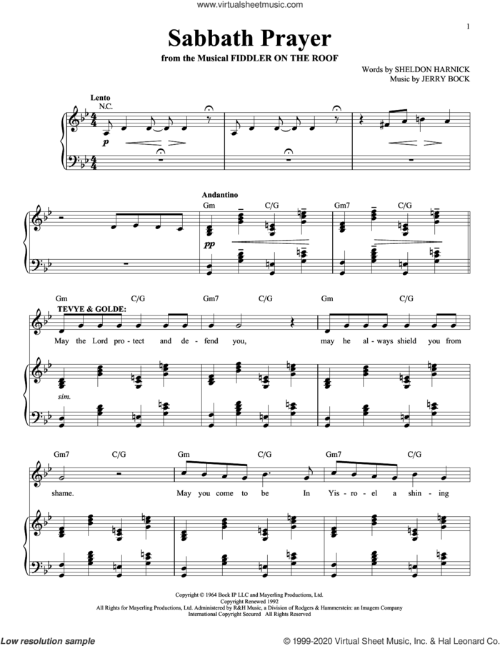 Sabbath Prayer sheet music for voice and piano by Jerry Bock and Sheldon Harnick, intermediate skill level