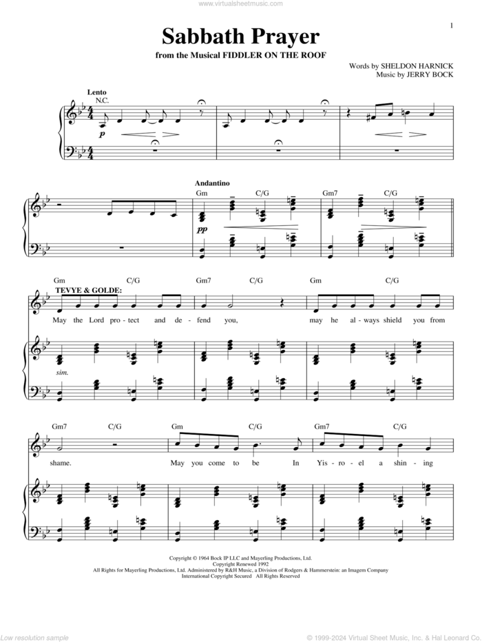 Sabbath Prayer sheet music for voice and piano by Jerry Bock and Sheldon Harnick, intermediate skill level