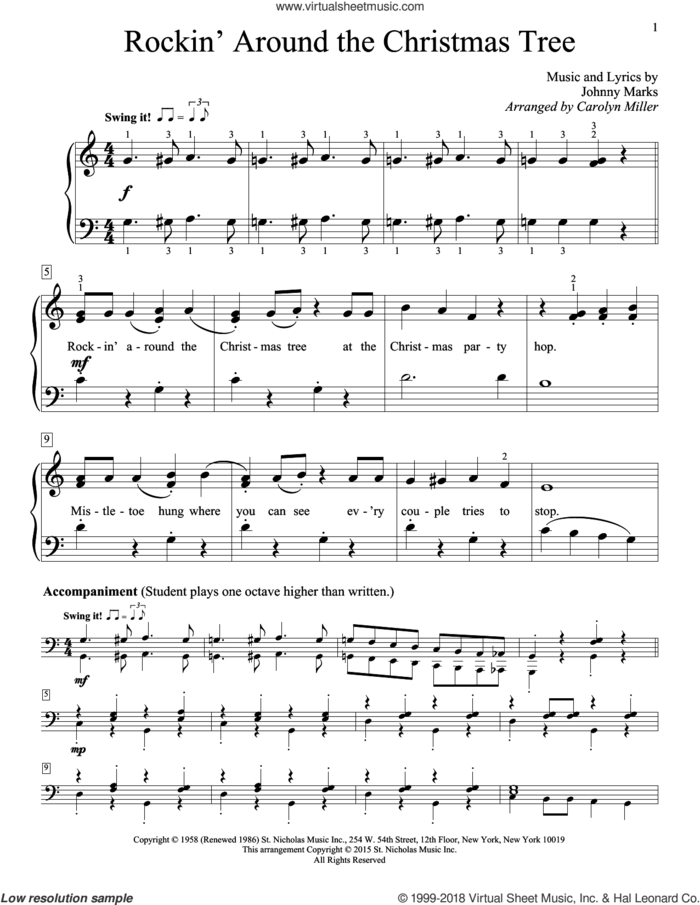 Rockin' Around The Christmas Tree sheet music for piano solo (elementary) by Johnny Marks, Carolyn Miller and LeAnn Rimes, beginner piano (elementary)