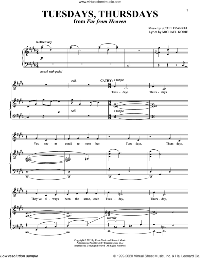 Tuesdays, Thursdays sheet music for voice and piano by Michael Korie, Richard Walters and Scott Frankel, intermediate skill level