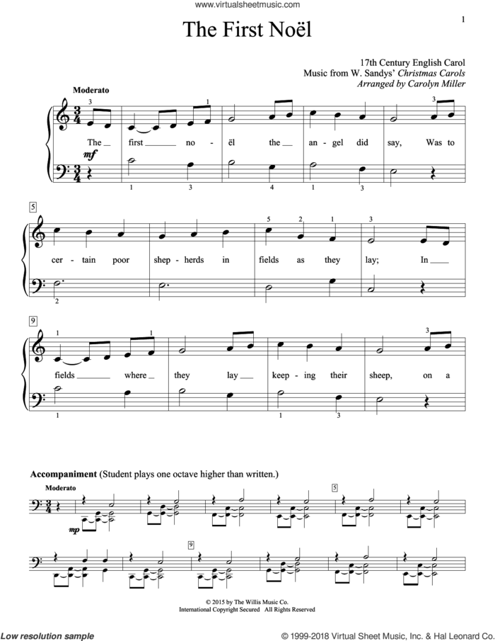 The First Noel sheet music for piano solo (elementary) by W. Sandys' Christmas Carols, Carolyn Miller and Miscellaneous, beginner piano (elementary)