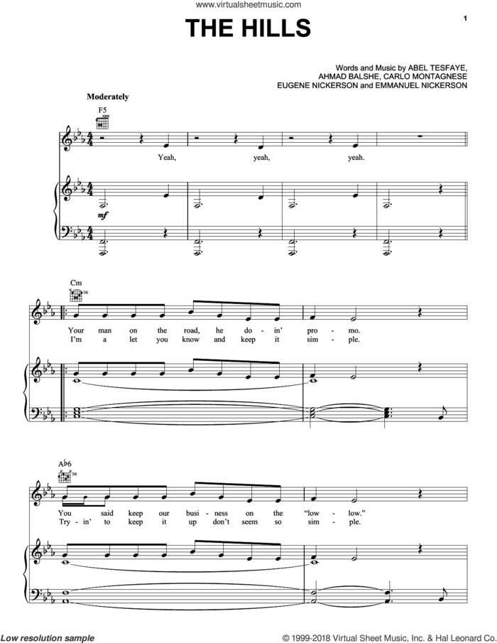 The Hills sheet music for voice, piano or guitar by The Weeknd, Abel Tesfaye, Ahmad Balshe, Carlo Montagnese, Emmanuel Nickerson and Eugene Nickerson, intermediate skill level