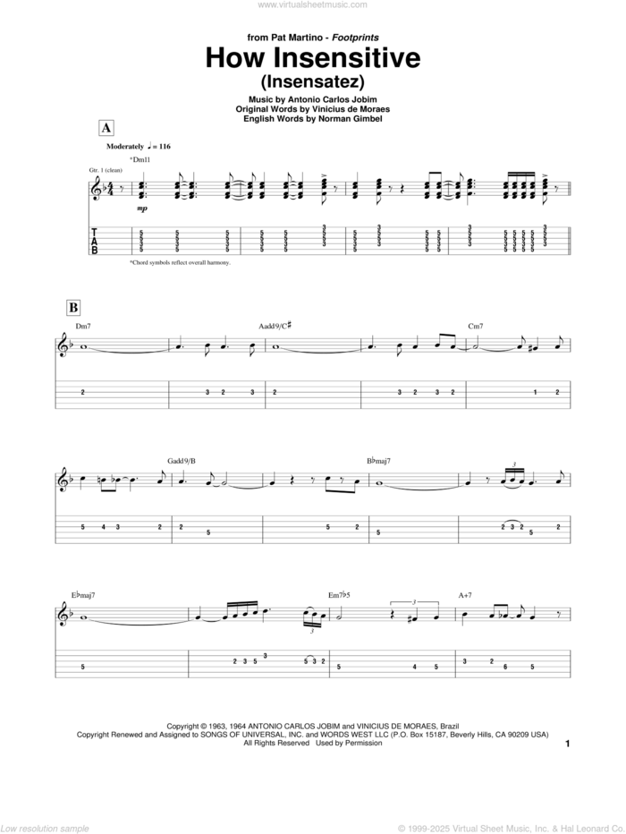 How Insensitive (Insensatez) sheet music for guitar (tablature) by Pat Martino, Astrud Gilberto, Antonio Carlos Jobim, Norman Gimbel and Vinicius de Moraes, intermediate skill level