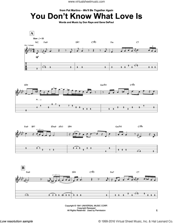 You Don't Know What Love Is sheet music for guitar (tablature) by Pat Martino, Carol Bruce, Don Raye and Gene DePaul, intermediate skill level