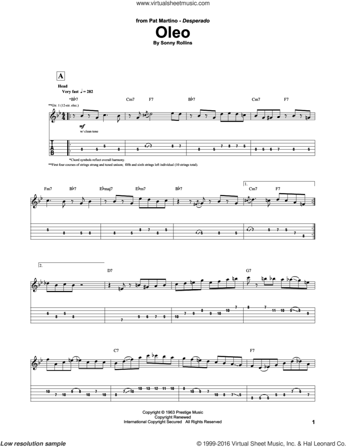 Oleo sheet music for guitar (tablature) by Pat Martino, John Coltrane and Sonny Rollins, intermediate skill level