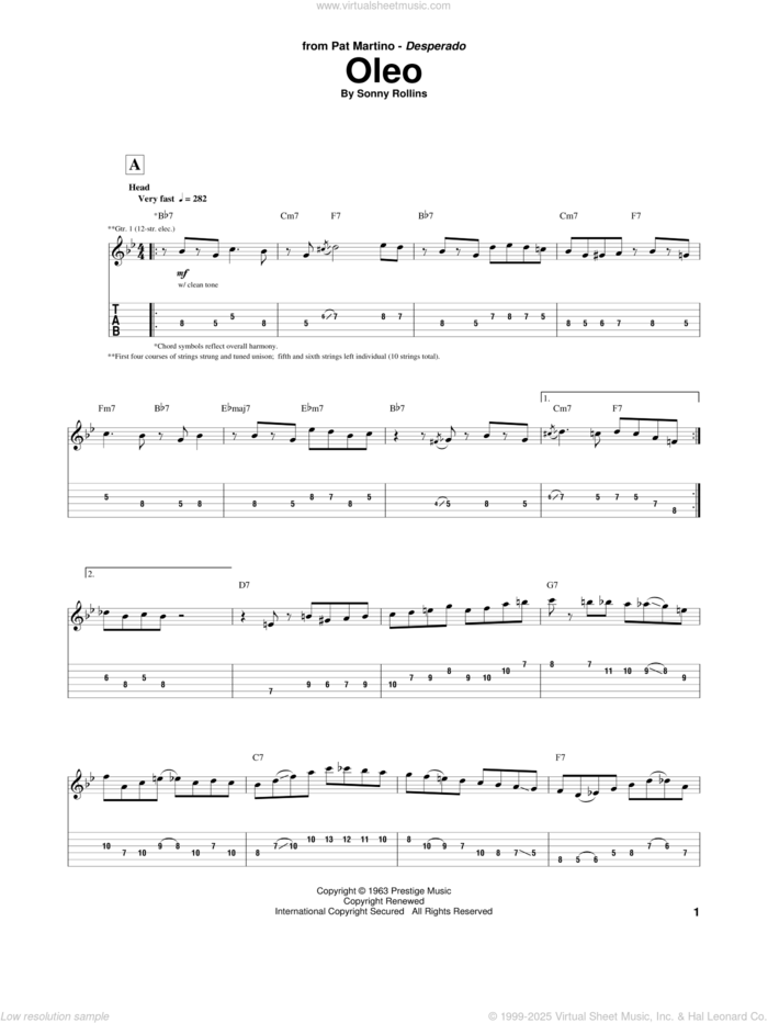 Oleo sheet music for guitar (tablature) by Pat Martino, John Coltrane and Sonny Rollins, intermediate skill level