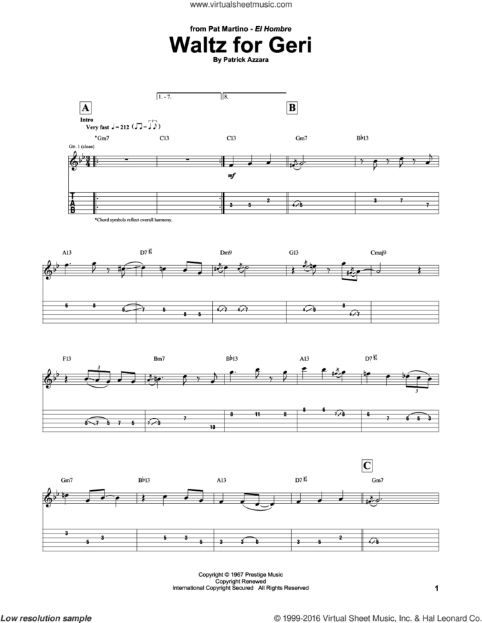 Waltz For Geri sheet music for guitar (tablature) by Pat Martino and Patrick Azzara, intermediate skill level