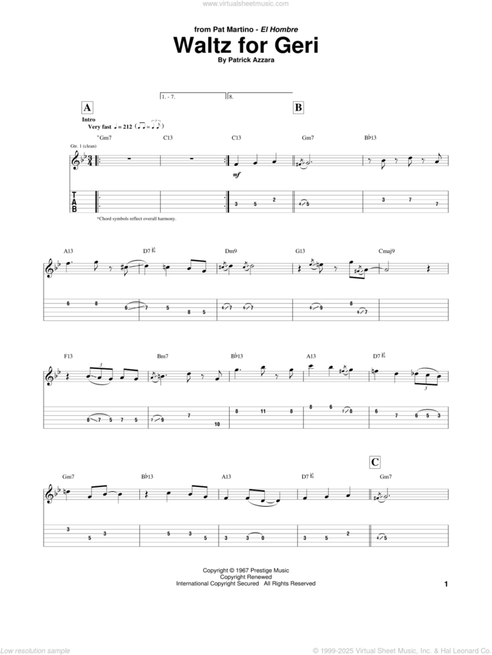 Waltz For Geri sheet music for guitar (tablature) by Pat Martino and Patrick Azzara, intermediate skill level