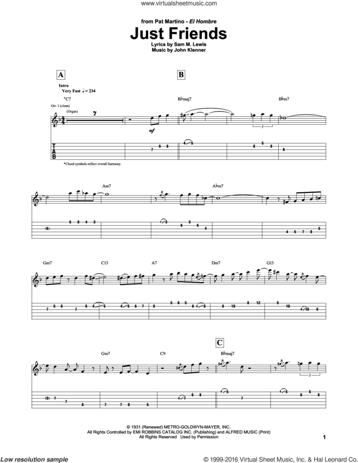 Just Friends sheet music for guitar (tablature) by Pat Martino, John Klenner and Sam Lewis, intermediate skill level