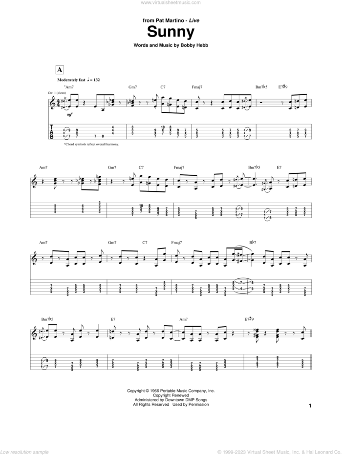 Sunny sheet music for guitar (tablature) by Pat Martino and Bobby Hebb, intermediate skill level
