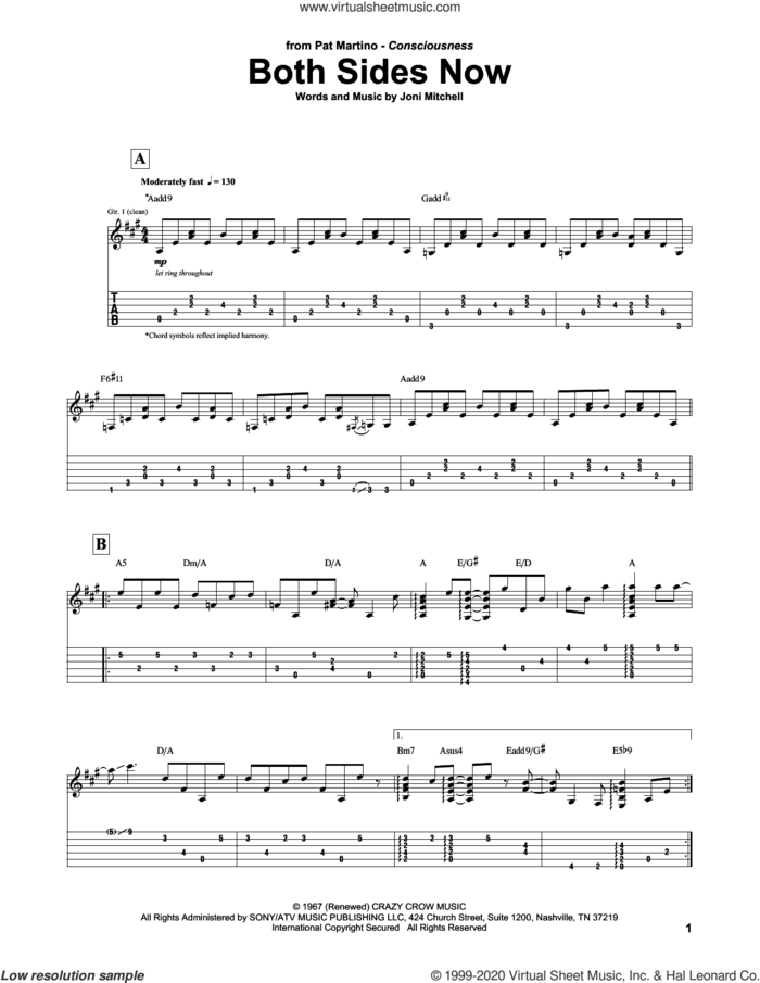 Both Sides Now sheet music for guitar (tablature) by Pat Martino, Dion, Judy Collins and Joni Mitchell, intermediate skill level