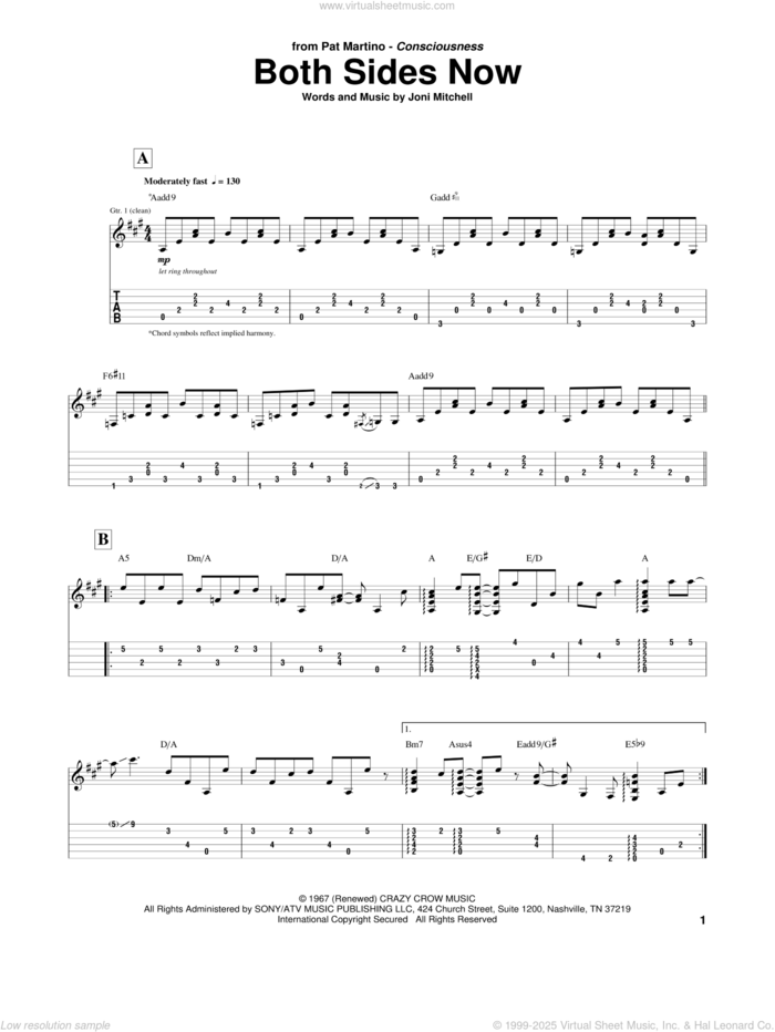 Both Sides Now sheet music for guitar (tablature) by Pat Martino, Dion, Judy Collins and Joni Mitchell, intermediate skill level