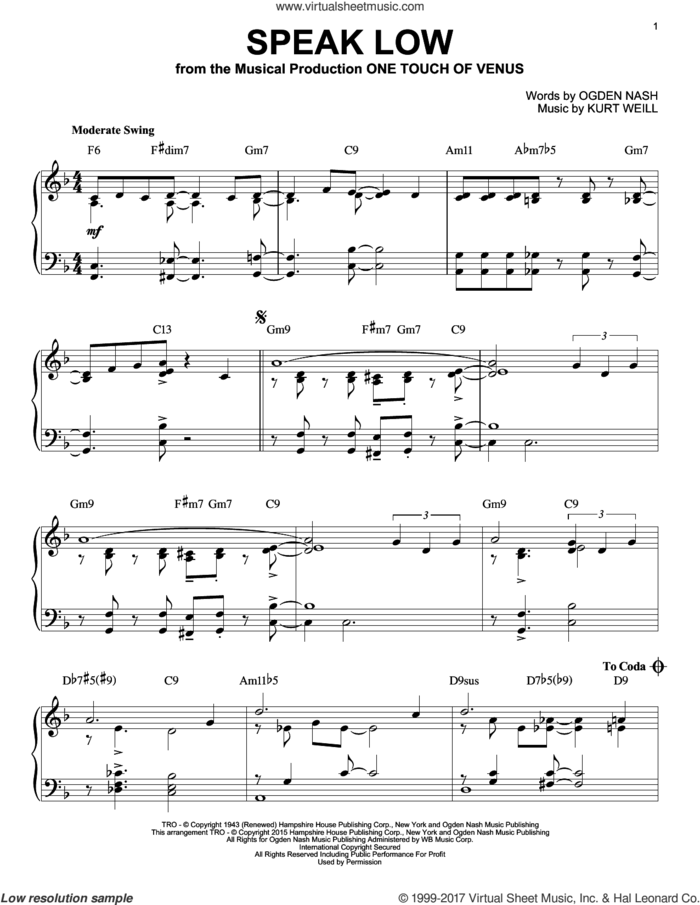 Speak Low [Jazz version] (arr. Brent Edstrom) sheet music for piano solo by Kurt Weill and Ogden Nash, intermediate skill level