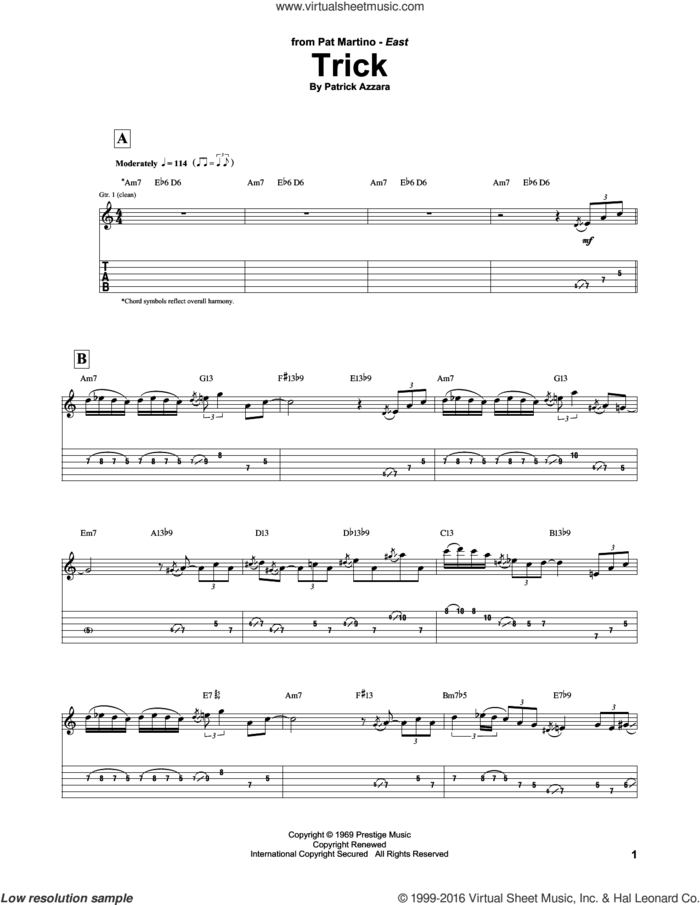 Trick sheet music for guitar (tablature) by Pat Martino and Patrick Azzara, intermediate skill level