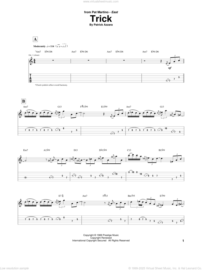 Trick sheet music for guitar (tablature) by Pat Martino and Patrick Azzara, intermediate skill level