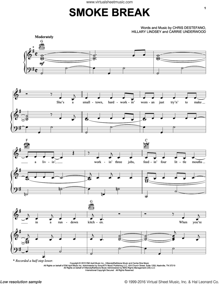 Smoke Break sheet music for voice, piano or guitar by Carrie Underwood, Chris Destefano and Hillary Lindsey, intermediate skill level