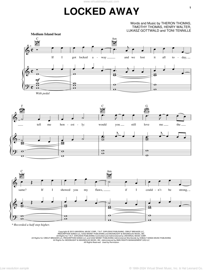 Locked Away sheet music for voice, piano or guitar by R. City feat. Adam Levine, R. City, Henry Walter, Lukasz Gottwald, Theron Thomas, Timmy Thomas and Toni Tennille, intermediate skill level