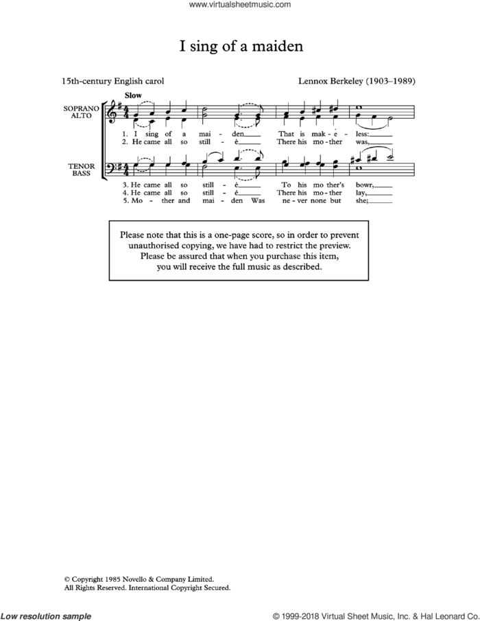 I Sing Of A Maiden (arr. Lennox Berkeley) sheet music for choir (SATB: soprano, alto, tenor, bass)  and Lennox Berkeley, classical score, intermediate skill level