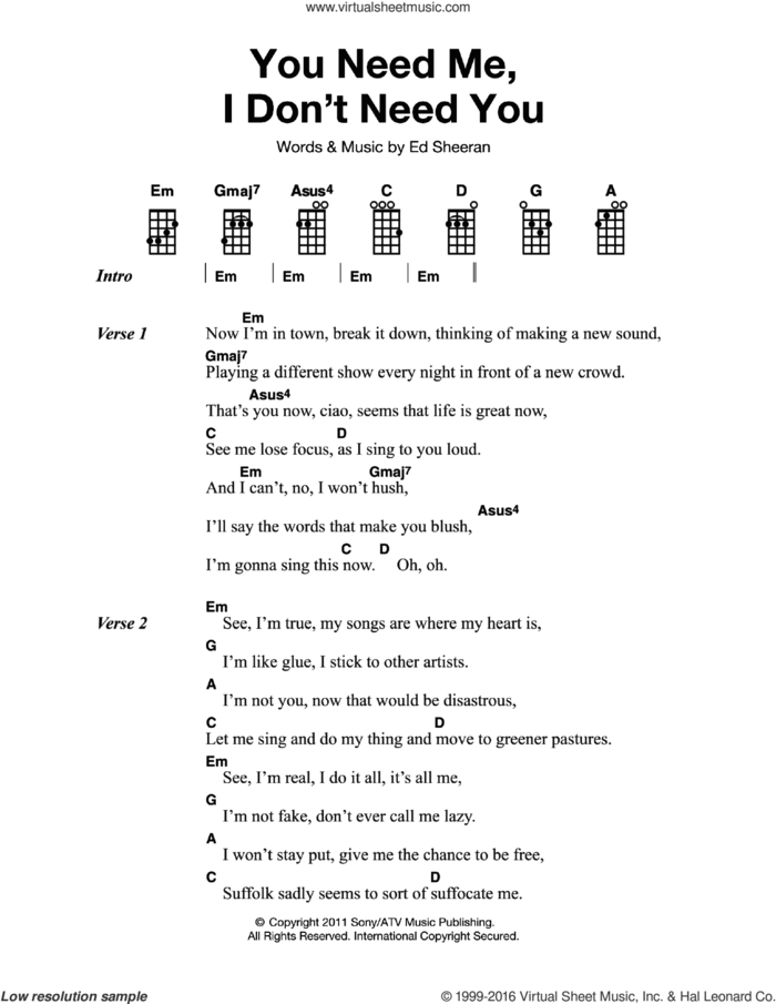 You Need Me I Don't Need You sheet music for voice, piano or guitar by Ed Sheeran, intermediate skill level