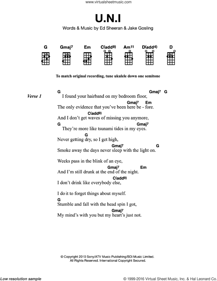 U.N.I sheet music for voice, piano or guitar by Ed Sheeran and Jake Gosling, intermediate skill level