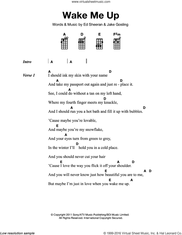 Wake Me Up sheet music for voice, piano or guitar by Ed Sheeran and Jake Gosling, intermediate skill level