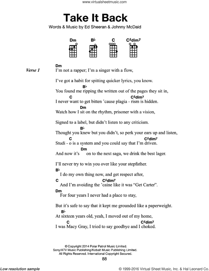 Take It Back sheet music for voice, piano or guitar by Ed Sheeran and John McDaid, intermediate skill level