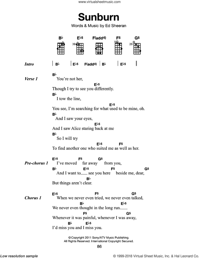 Sunburn sheet music for voice, piano or guitar by Ed Sheeran, intermediate skill level
