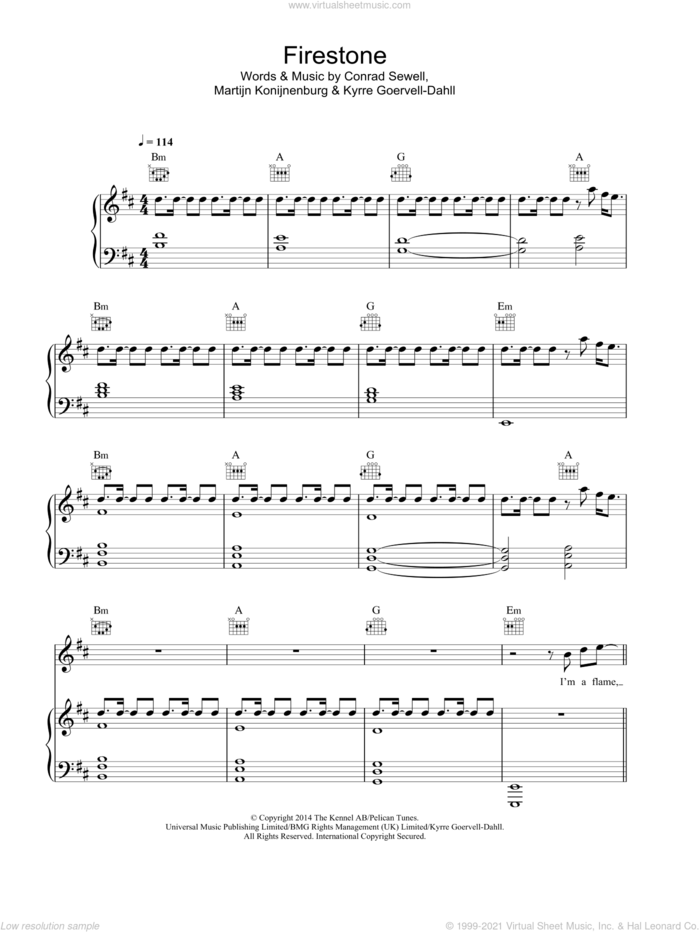 Firestone (featuring Conrad Sewell) sheet music for voice, piano or guitar by Kygo, Conrad Sewell, Kyrre Goervell-Dahll and Martijn Konijnenburg, intermediate skill level