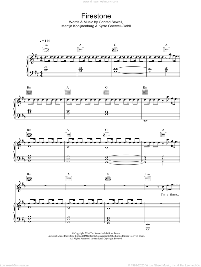 Firestone (featuring Conrad Sewell) sheet music for voice, piano or guitar by Kygo, Conrad Sewell, Kyrre Goervell-Dahll and Martijn Konijnenburg, intermediate skill level