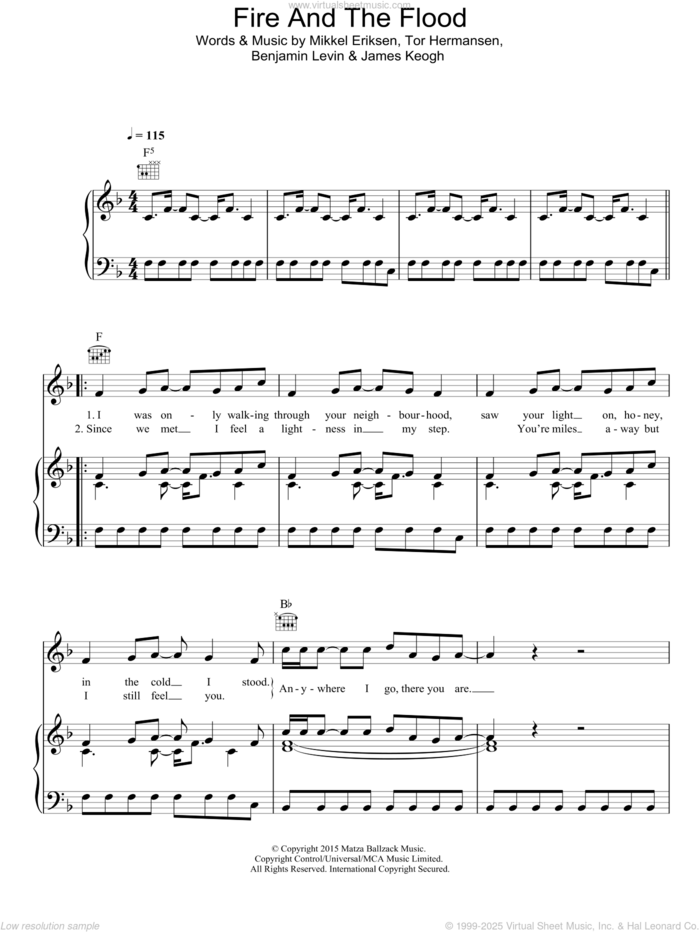 Fire And The Flood sheet music for voice, piano or guitar by Vance Joy, Benjamin Levin, James Keogh, Mikkel Eriksen and Tor Erik Hermansen, intermediate skill level