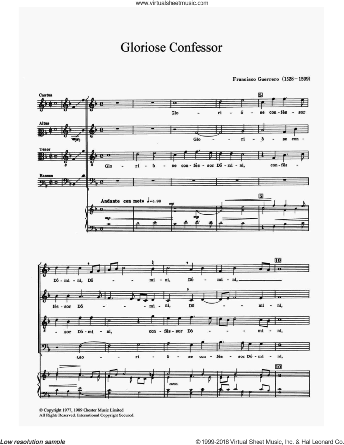 Gloriose Confessor sheet music for choir by Francisco Guerrero, classical score, intermediate skill level