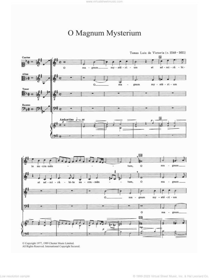 O Magnum Mysterium sheet music for choir (SATB: soprano, alto, tenor, bass) by TomÃ s Luis de Victoria and Tomas Luis de Victoria and Tomas Luis de Victoria, classical score, intermediate skill level