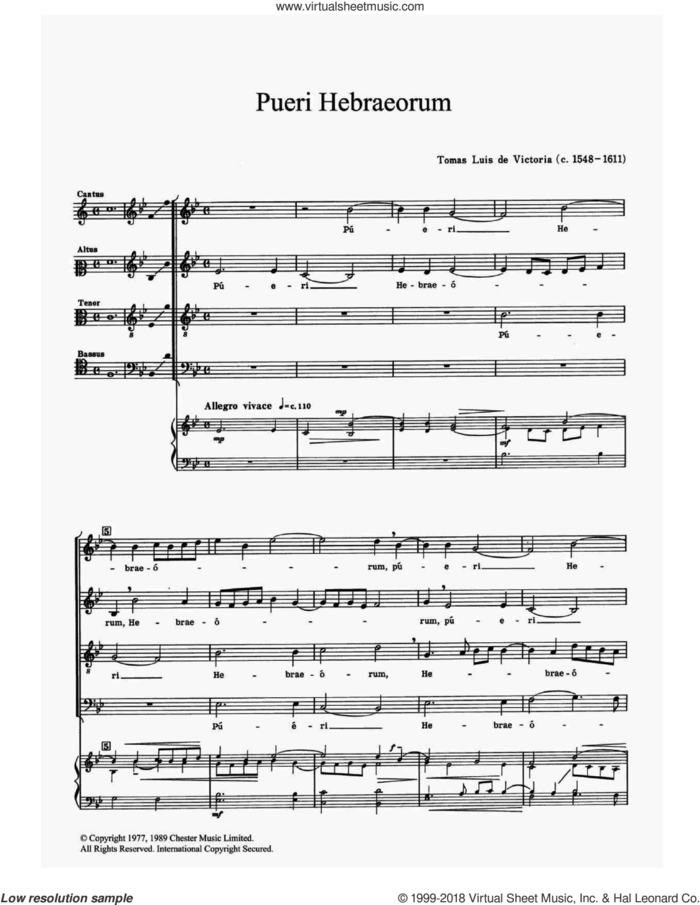 Pueri Hebraeorum sheet music for choir by Tomàs Luis de Victoria and TomAAs Luis de Victoria, classical score, intermediate skill level