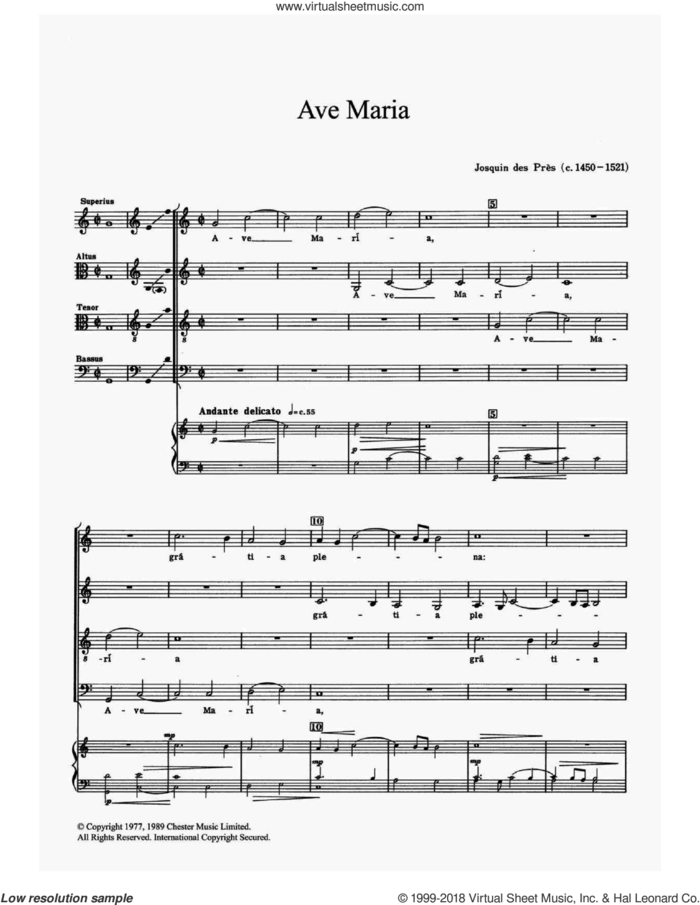 Ave Maria sheet music for choir by Josquin Des Pres, classical score, intermediate skill level
