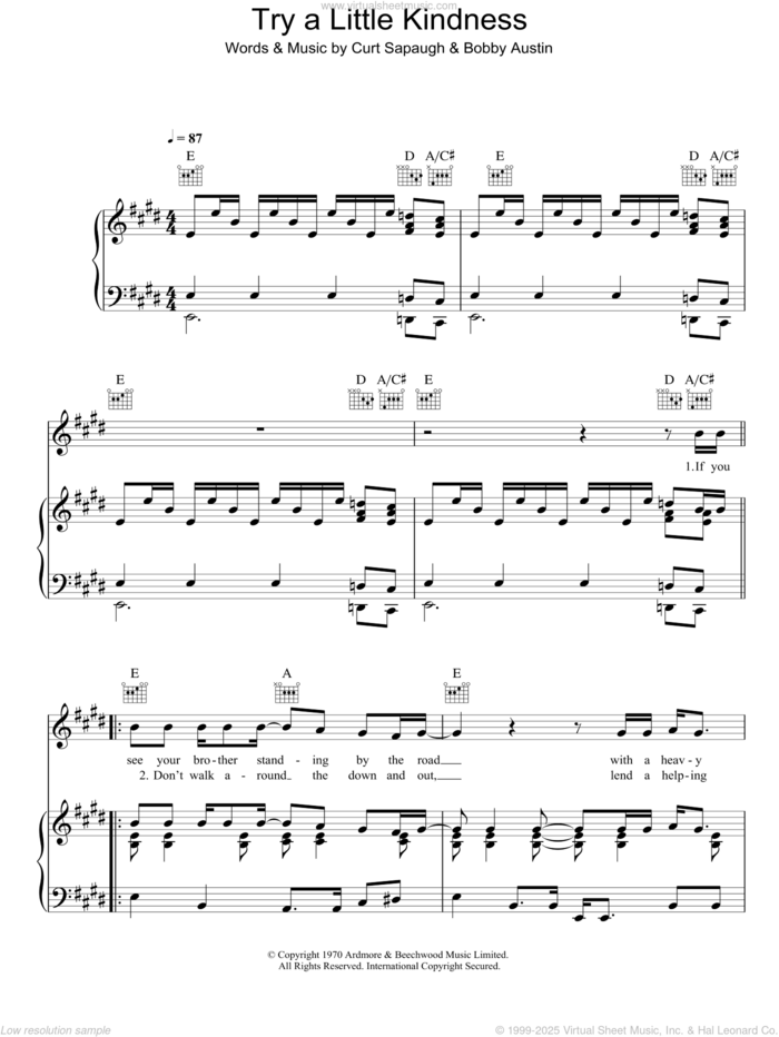 Try A Little Kindness sheet music for voice, piano or guitar by Glen Campbell, Bobby Austin and Curt Sapaugh, intermediate skill level