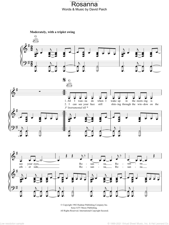 Rosanna sheet music for voice, piano or guitar by Toto and David Paich, intermediate skill level