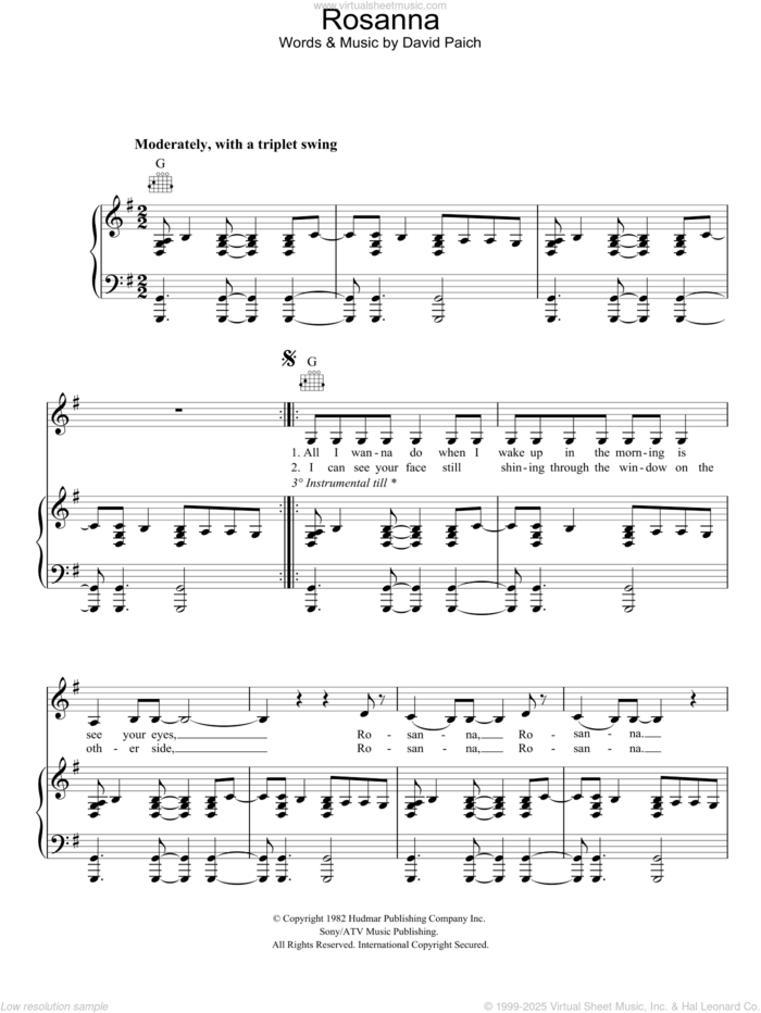 Rosanna sheet music for voice, piano or guitar by Toto and David Paich, intermediate skill level