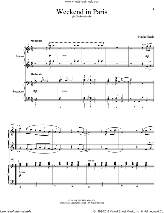 Weekend In Paris sheet music for piano four hands by Naoko Ikeda, intermediate skill level