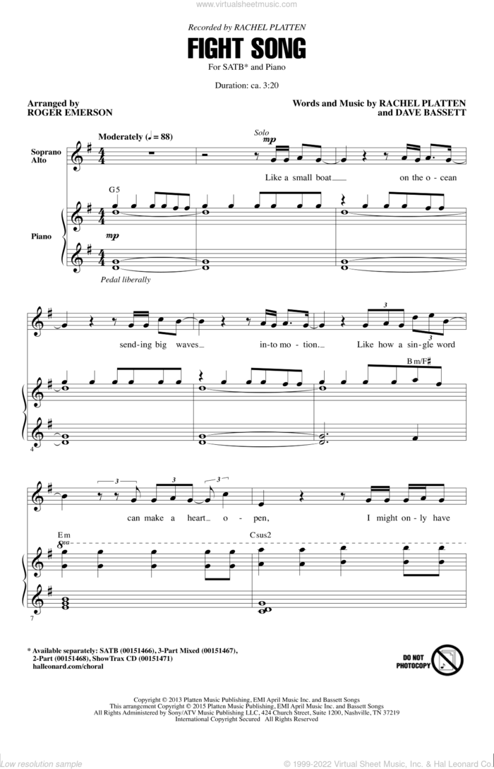 Fight Song (arr. Roger Emerson) sheet music for choir (SATB: soprano, alto, tenor, bass) by Dave Bassett, Roger Emerson and Rachel Platten, intermediate skill level