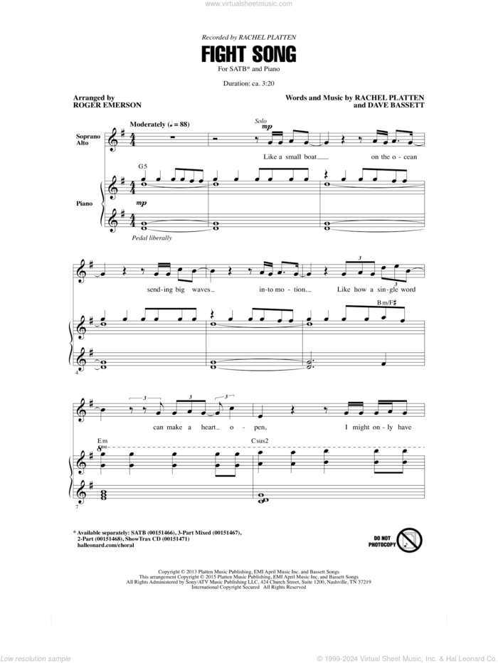 Fight Song (arr. Roger Emerson) sheet music for choir (SATB: soprano, alto, tenor, bass) by Rachel Platten, Roger Emerson and Dave Bassett, intermediate skill level