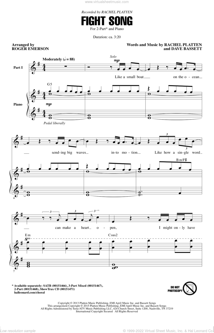 Fight Song (arr. Roger Emerson) sheet music for choir (2-Part) by Rachel Platten, Roger Emerson and Dave Bassett, intermediate duet